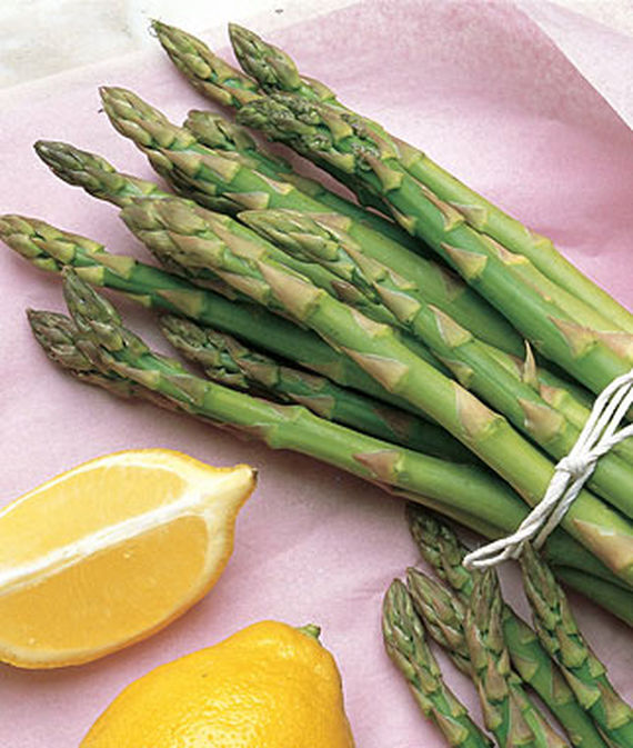 A close up of cut 'Mary Washington' asparagus spears set on a pink surface with sliced lemon to the left of the frame.