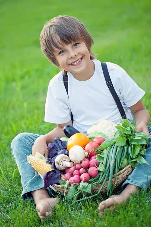 A vertical close up of a boy sitting on a lawn with a basket full of freshly harvested produce.