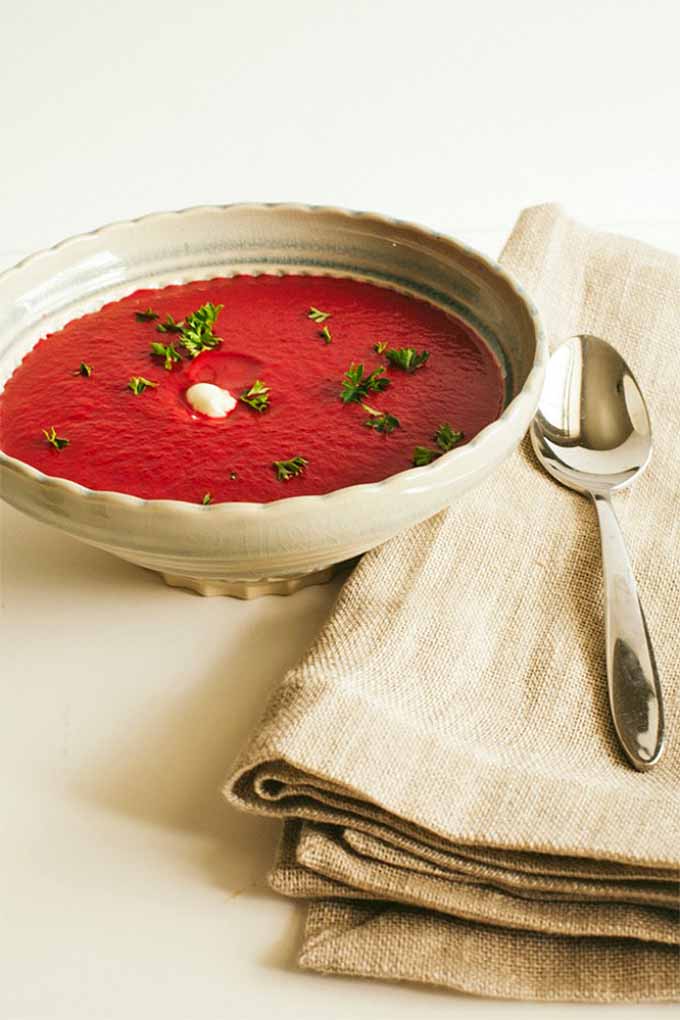 A close up vertical image of a ceramic bowl with a freshly-cooked hearty beet soup, topped with herbs, set on a kitchen countertop with a spoon to the right of the frame.