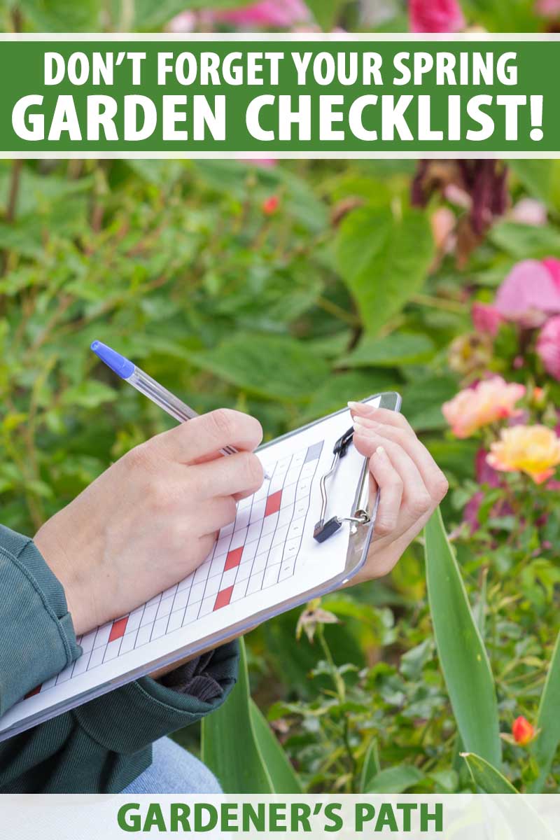 A gardener holds a checklist on a clipboard.
