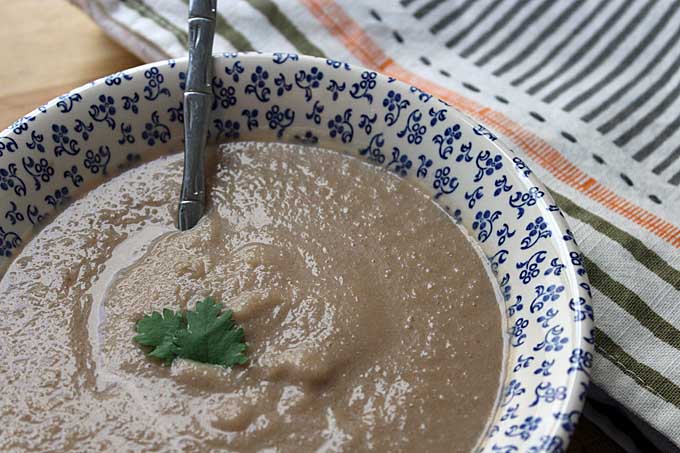 A bowl of vegan cream of kohlrabi soup.