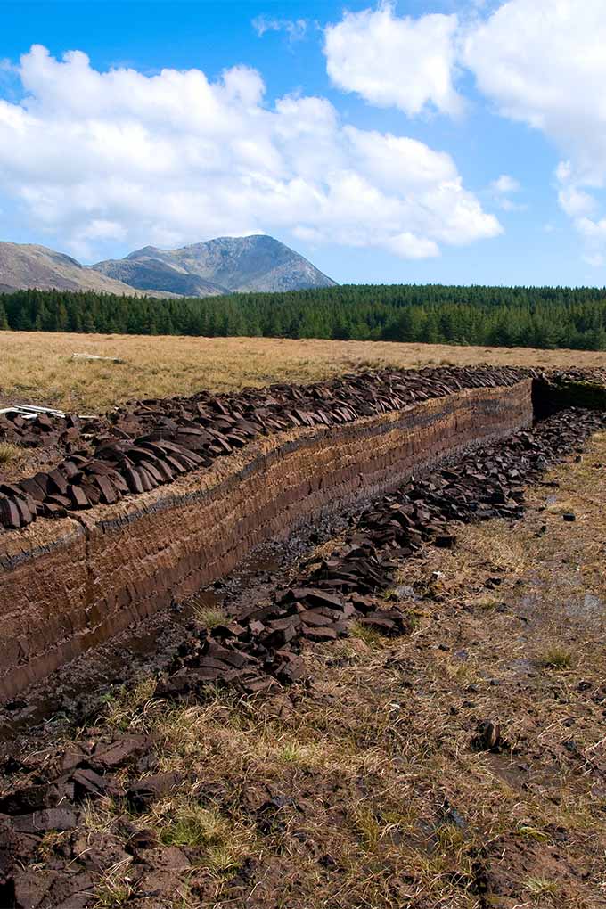 A cut into a brown peat bog shows layers of peat with blue sky, white clouds, green trees and greenish mountain in the background
