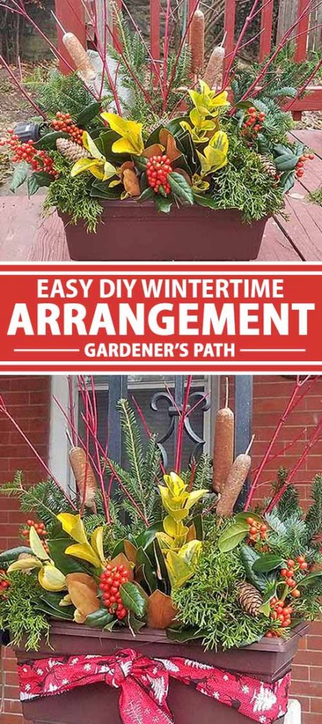 A collage of photos showing different views of a winter and holiday themed DIY outdoor flower arrangement.