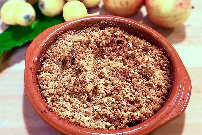 A close up horizontal image of a ceramic baking dish with a freshly prepared loquat apple crumble.