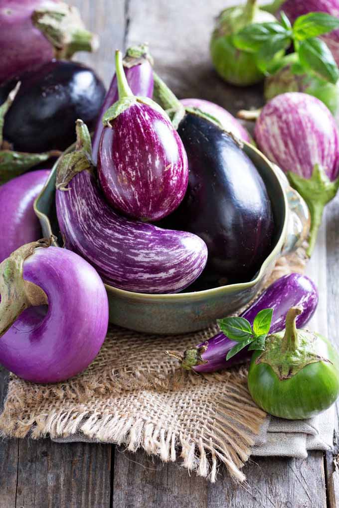 A bowl sitting on a wooden table with different varieties of eggplant inside of it.