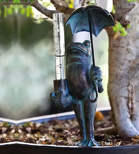 A close up of a decorative frog with an umbrella rain gauge outside in the garden.