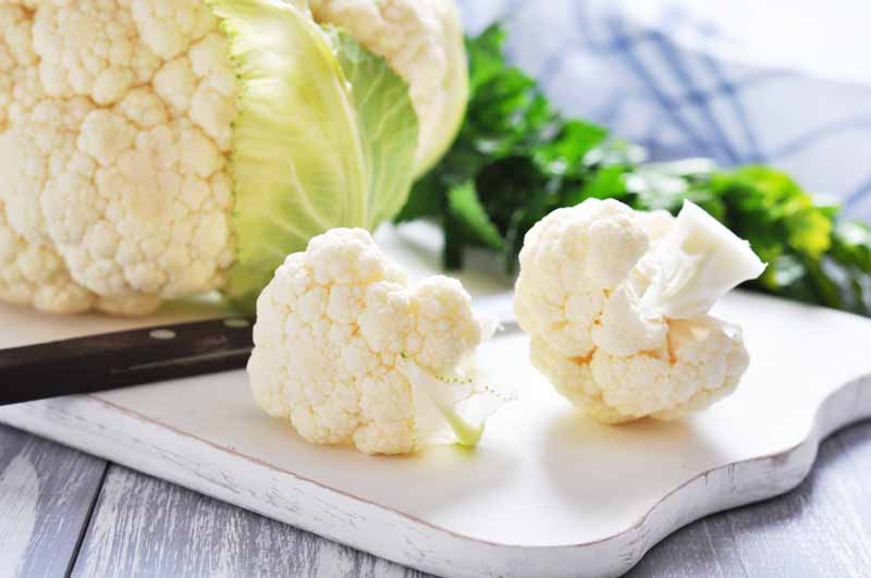 A close up horizontal image of the head of cauliflower in a kitchen on cutting board showing the "curds" which are eaten.