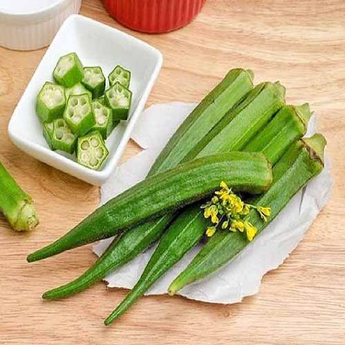 A platter of whole and chopped 'Perkins Long Pod' okra.