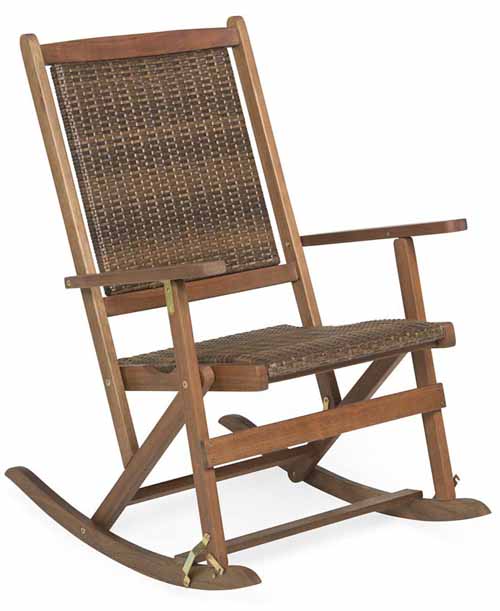 Claytor Folding Eucalyptus Outdoor Rocker in brown on a white, isolated background.