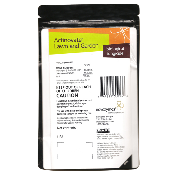 A packet of Actinovate® Lawn and Garden Fungicide on a white, isolated background