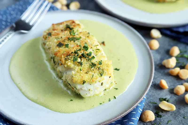 Oblique view of a macadamia nut crusted halibut fillet with pale green sauce on a white dinner plate.