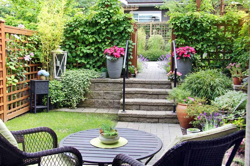 A small townhouse-style back garden with flowers and landscaping
