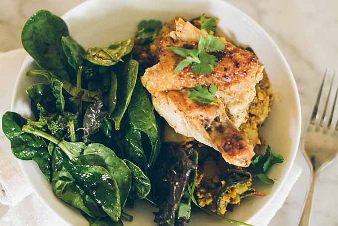 Carrot, Rainbow Chard and Red Potato Daal with Seared Chicken Breasts