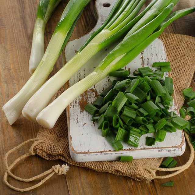 Tokyo Long White Bunching Onions, whole and with chopped greens on a whitewashed cutting board on top of a drawstring burlap bag, on a brown wood surface.