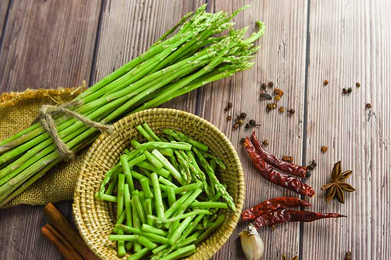 A close up of fresh asparagus spears tied together with a little string, to the right of the bunch is a wicker basket containing some that are cut up, and to the right of the frame a few dried chillies and a star anise, all set on a wooden background.