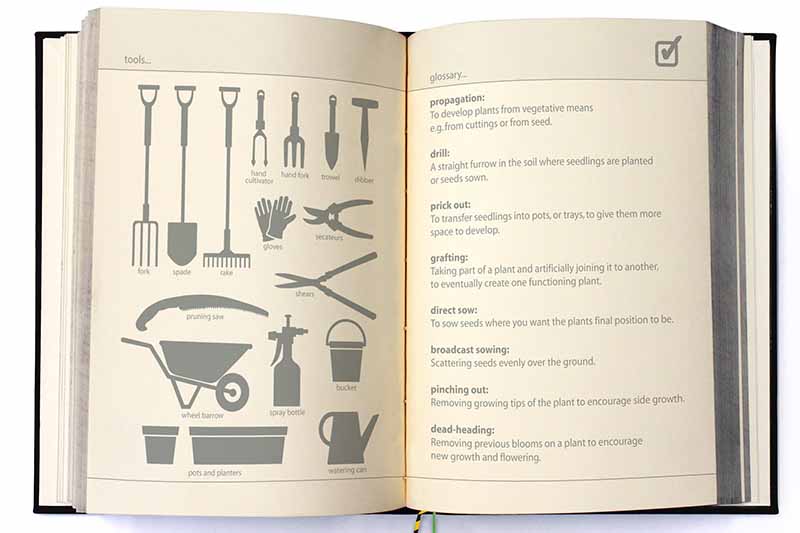 A close up of an open book showing two pages side by side. On the left page are images of garden tools and supplies and to the right is dark gray text.