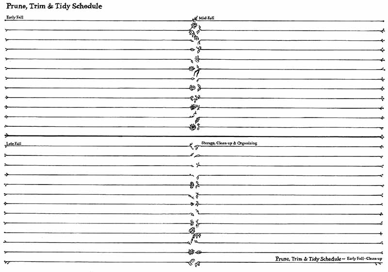A close up of an inner page of "The Garden Journal, Planner and Log Book" showing a schedule for pruning, with black text on a white background.