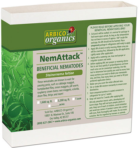 A close up of a cardboard box with green and white text, containing beneficial nematodes for the garden.