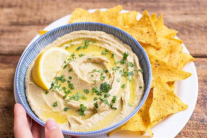 A human hand holding a bowl full of baba ghanoush hummus with a plate full of tortilla chips in the background.