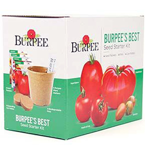 A close up of the packaging of Burpee's Best Tomato Starting Kit, a cardboard box with images and text.