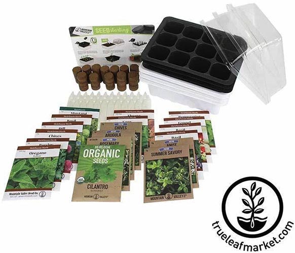 A close up of a seed starting kit with herb seeds, planting trays, soil, and plant markers. To the bottom right of the frame is a black circular logo and text.