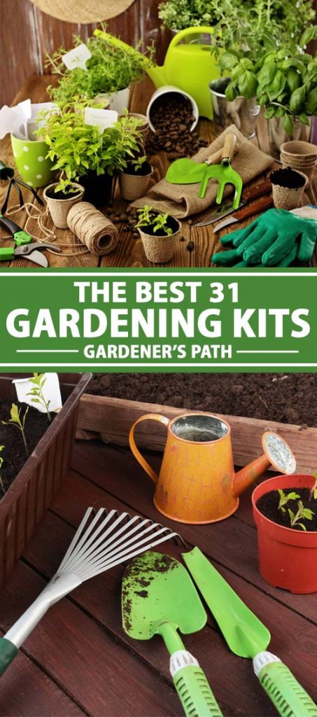A collage of photos showing different types of garden kits.