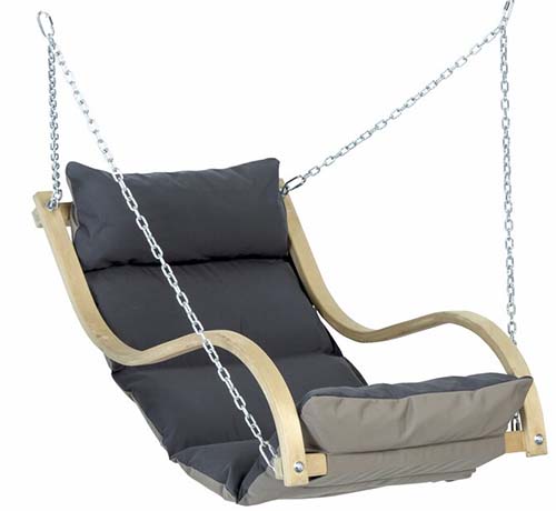 A close up of a hanging chair supported by chains isolated on a white background.