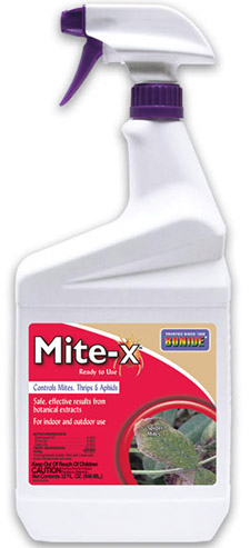 A close up of the packaging of a Bonide Mite-X insecticide on a white background.
