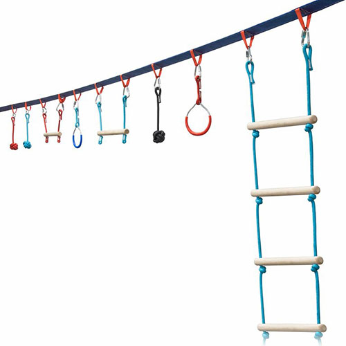 A close up of the Portable Slackline Monkey Bar and Ladder Kit from Sunny & Fun, pictured on a white background.