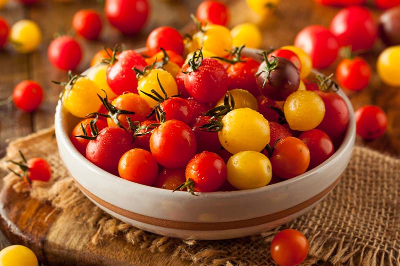 A close up of a bowl full of heirloom hybrid cherry tomatoes, set on a rustic fabric on a wooden surface, pictured on a soft focus background.