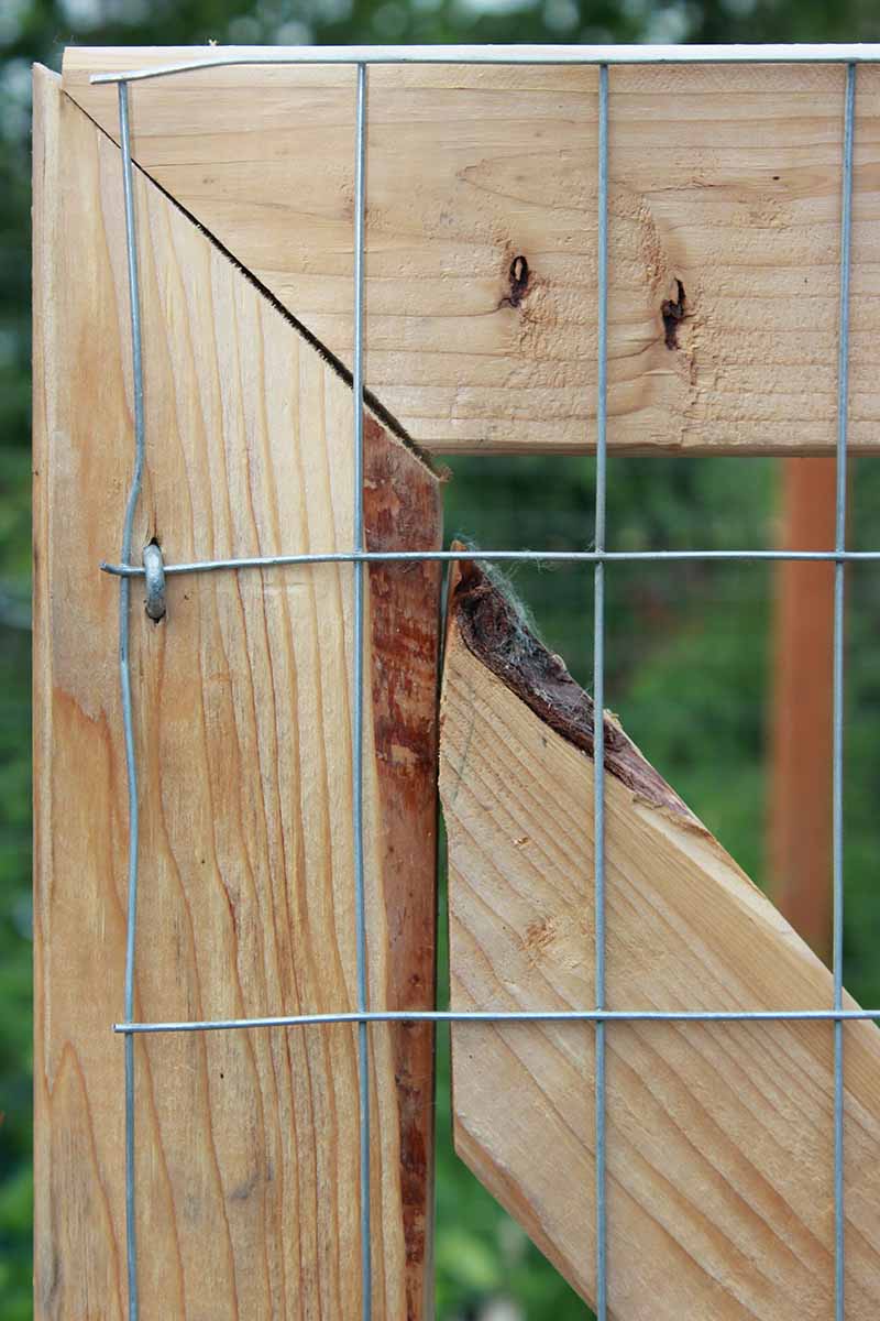 A close up of a DIY gate panel showing the angles required for fixing the wooden parts together.