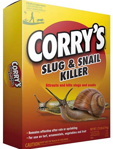 A close up of the packaging of Corry's Slug and Snail Killer on a white background.