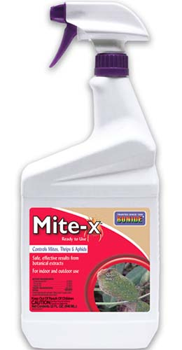 A close up of the packaging of Bonide Mite-X insecticidal spray on a white background.