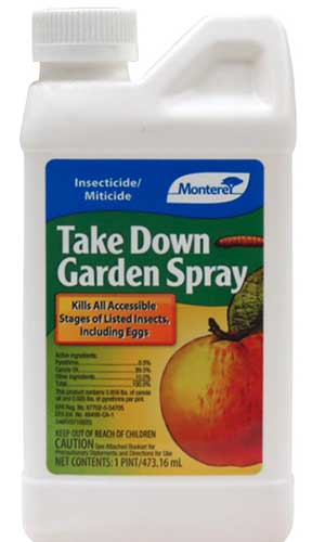 A close up of the packaging of Monterey Take Down Garden spray, a pyrethrin based insecticide.