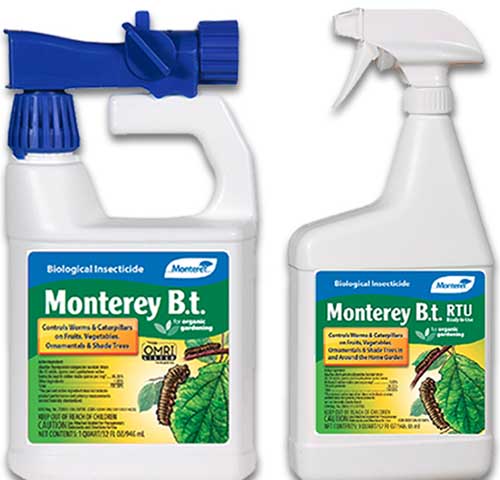 A close up of the packaging of Monterey Bt spray on a white background.