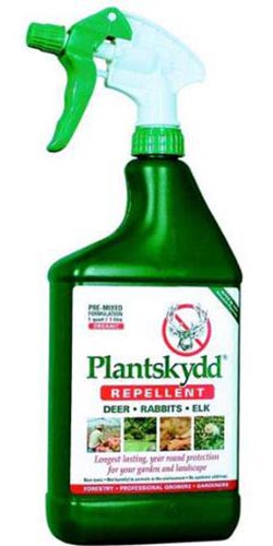 A close up of the packaging of a spray bottle of Plantskydd to repel herbivores from the garden.