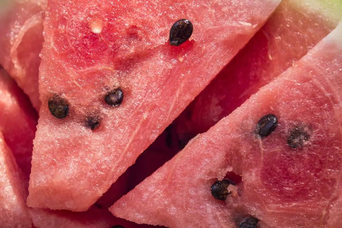 A close up of the red flesh of freshly sliced watermelon, with dark seeds visible.