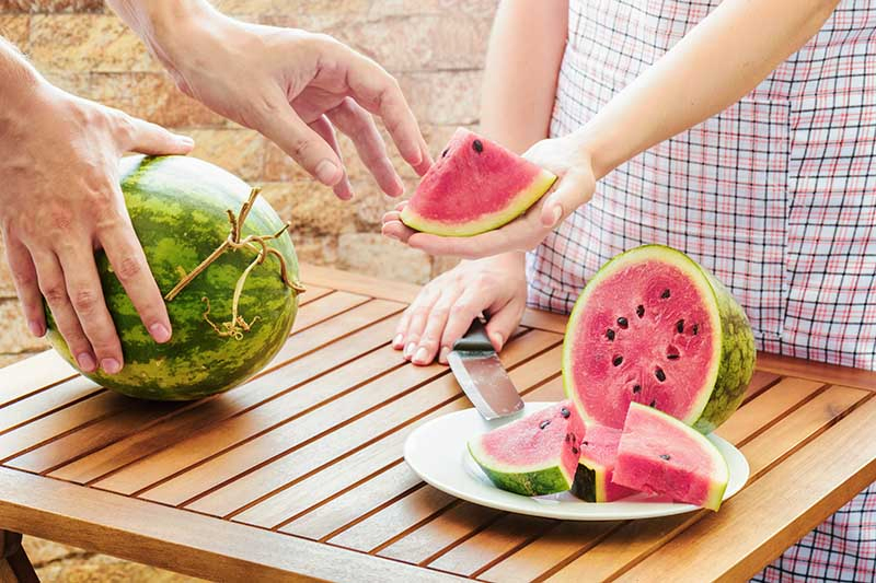 A horizontal close up picture of two people holding and slicing watermelons on a wooden table, with a stone wall in the background.