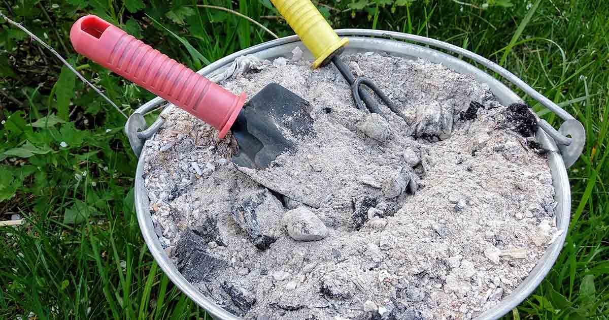 A close-up view of a metal bucket filled with ash and charred remains, with a small shovel and a poker tool resting on top, set against a background of green grass