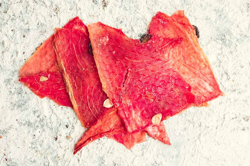 A close up top down horizontal picture of dehydrated slices of watermelon set on a stone surface.