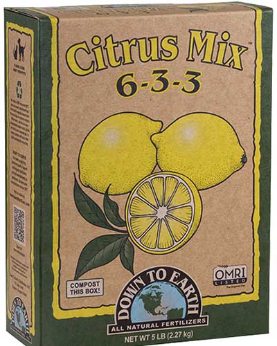A close up of the packaging of Down to Earth's Granular Citrus Mix, pictured on a white background.