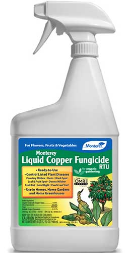 A close up vertical image of the packaging of a spray bottle of Monterey Liquid Copper Fungicide pictured on a white background.