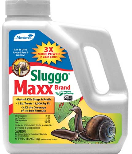 A close up of the packaging of Monterey Sluggo Max, a chemical treatment for managing slugs and snails in the garden, pictured on a white background.