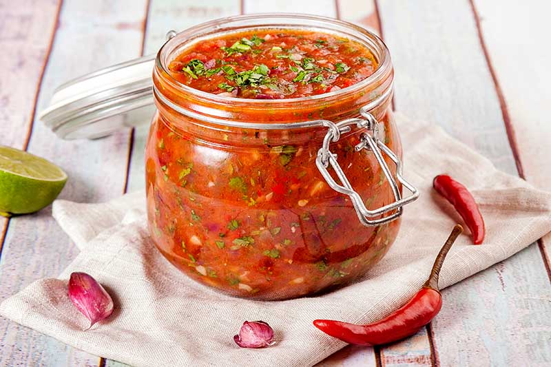 A close up horizontal image of a glass jar filled with freshly made tomato salsa set on a cloth on a wooden surface. Scattered around the jar are fresh red peppers, garlic cloves and half a lime.