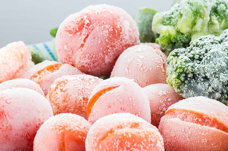 A close up horizontal image of frozen tomatoes and broccoli.