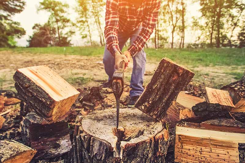 A close up horizontal image of a person using a splitting maul to chop a piece of wood in half, pictured in light sunshine on a soft focus background.