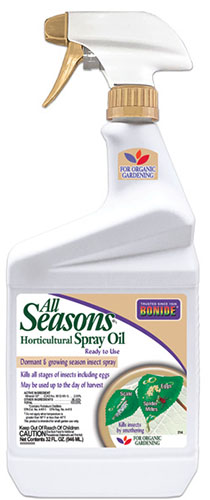 A close up of the packaging of Bonide All Seasons Horticultural Spray Oil pictured on a white background.