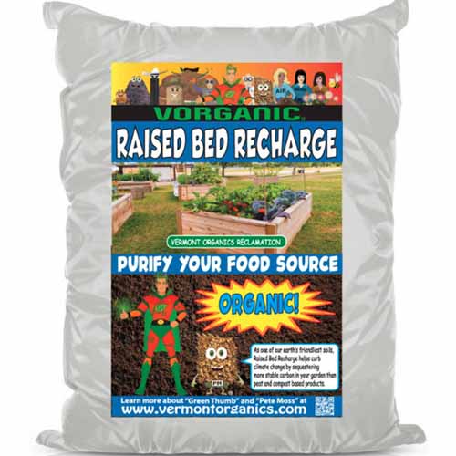 A close up square image of the packaging of Vorganic Raised Bed Recharge soil amendment, pictured on a white background.