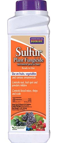 A close up vertical image of the packaging of Bonide Sulfur Plant Fungicide pictured on a white background.