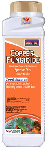 A close up vertical image of a bottle of Bonide Copper Fungicide Powder on a white background.